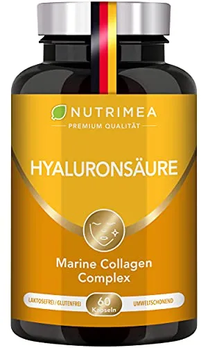 Hyaluronsäure Kollagen Komplex | Premium Hyaluron Angereichert mit Vitamin C + Vitamin A | 60 Kapseln Hochdosiert | Für glatte Haut, Anti-Aging & Gelenke