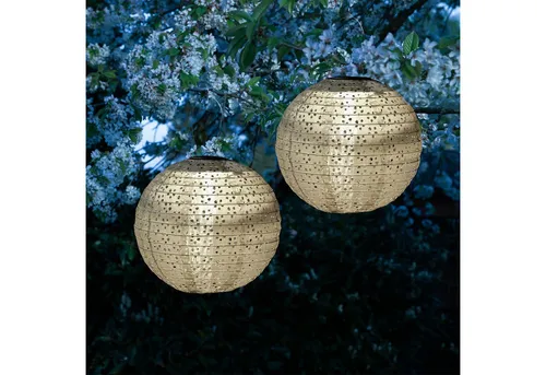 MARELIDA LED Solar Lampion Blumenmuster beige 25cm - 2 Stück - Dekorative LED Solar Lampions mit Blumenmuster, warmweißem Licht und Lichtsensor. Ideal für Garten, Balkon oder Terrasse, wetterfest und stromunabhängig.
