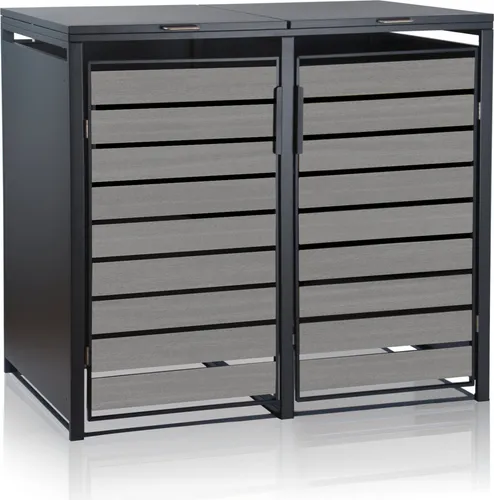 Zelsius Mülltonnenbox 2er Mülltonnen - Anthrazit mit Holzoptik - Mülltonnenbox für 2x 120-240 Liter, elegant in Anthrazit RAL7016 mit Holzoptik-Türen. Robust, langlebig und durch Gasdruckfedern einfach zu bedienen. Ideal für eine saubere und ansprechende Gartenumgebung.
