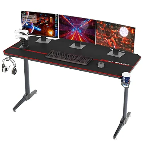 SogesHome Gaming Tisch 140cm Gaming Schreibtisch Computertisch in T-Form Gaming Table PC Tisch Schreibtisch mit Mausunterlage, Getränkehalter und Kopfhörerhaken,Bürotisch Ergonomischer Gamer Tisch
