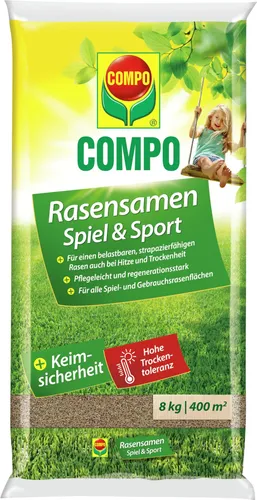 Compo Rasensamen Rasensaat Spiel und Sport, 8kg - Gräsersamen für strapazierfähige Rasenflächen, schnellkeimend und ideal für Neuansaat bis 400m². Hochwertige Sorten sorgen für dichten, widerstandsfähigen Rasen.