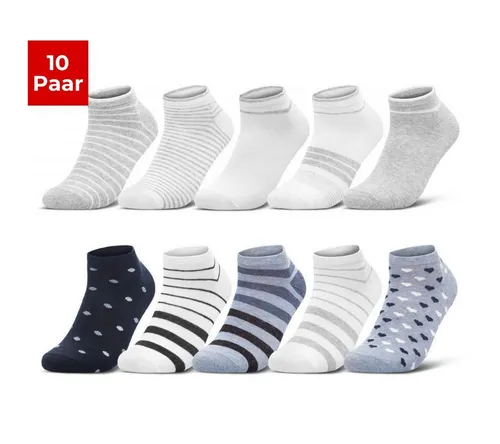 sockenkauf24 Sneakersocken 10 Paar Damen Sneaker Socken Mehrfarbig (35-38, 36832+36844/2) Streifen Punkte Herzen Maritim Baumwolle WP