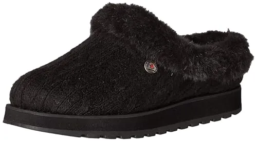 Skechers Damen Keepsakes - Ice Angel Low-Top Slipper - Sandalen mit einem stilvollen Black Cable Knit Sweater Design und kuscheligem Faux Fur Trim für ultimativen Komfort und Wärme.
