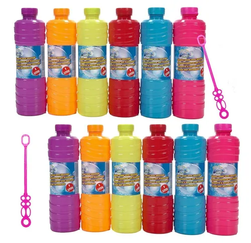 Bubble-Store Seifenblasenspielzeug Seifenblasenflüssigkeit, 12x 1 Liter Seifenblasen-Nachfüllflaschen mit Seifenblasenstab