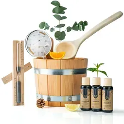Liebenstein Sauna-Aufgussset - 4-teiliges Komplettset für entspannende Saunaerlebnisse - Sauna-Aufguss-Set mit 5 L Eimer, 3 Bio-Duftnoten und Hygrometer. Perfekt für ein luxuriöses Saunaerlebnis und als hochwertiges Geschenk.