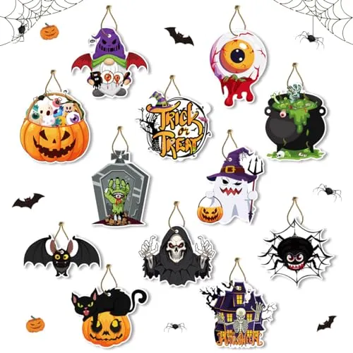 Halloween-Tag-Dekoration, 12 Stück, gruseliger Kürbis-Totenkopf-Geist, Halloween-Hängeornamente, Papierkarte, Halloween-Baumschmuck mit Seilen für Trick oder für Halloween, Innen- und Außendekoration