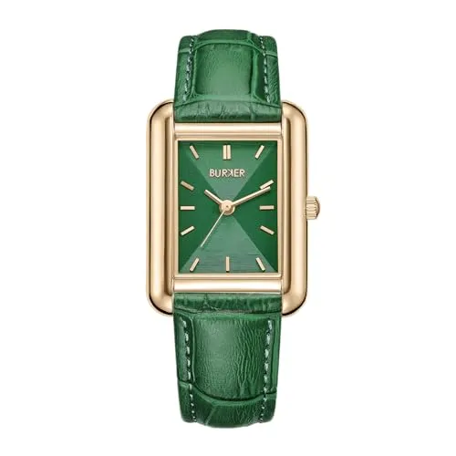 BURKER Damenuhr Olivia, Quadratische Damen Armbanduhr Lederarmband Edelstahl Analog Quarz 3-ATM Wasserdicht - 29 mm - Gold Grün Leder