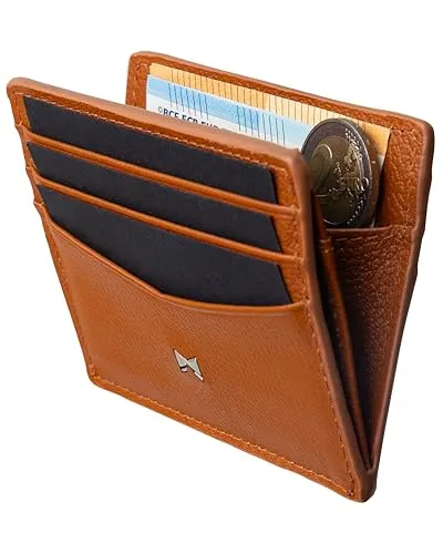 Gentlemen's Kartenetui - Kreditkartenetui mit RFID Schutz - Etuis mit Mittelfach für Scheine und Münzen, RFID-Schutz und Fach für AirTag. Aus hochwertigem Echtleder in klassischem Cognac, ideal für stilbewusste Herren.