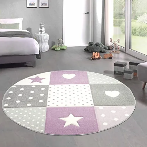 CARPETIA Kinderteppich Spielteppich Babyteppich Mädchen mit Herz Stern lila Creme grau Größe 120 cm Rund