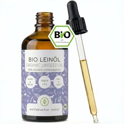 Bio Leinöl für Hunde & Katzen 100ml I Natürlich und Kaltgepresst - Vegane Lachsöl Alternative aus Deutschland I Unterstützung für Fell & Haut durch Omega 3, DE-ÖKO-060