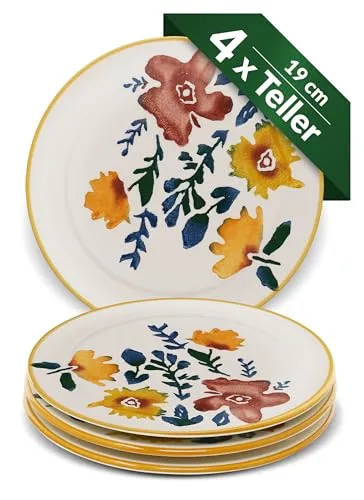 Lashuma Teller bunt Blütenfest, Kuchenteller 4er Set 19 cm Ø, runde Abendbrotteller Keramik