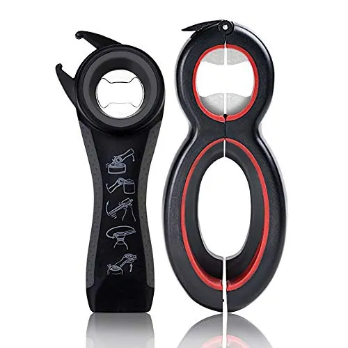 Multifunktions-Flaschenöffner, Multifunktions-Flaschenöffner und Glasöffner, 5-in-1 und 6-in-1, Drehdeckel, Küchenwerkzeug, geeignet für Senioren oder Arthritische Hände (2 Stück)