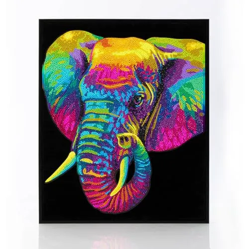 DIAMOND DOTZ - Diamond Painting Neon Elefant - Basteln mit hochwertigem Diamond Painting Set, 11448 Strasssteine in Neonfarben für beeindruckende Glitzereffekte auf schwarzem Hintergrund.