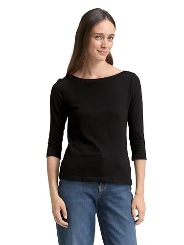 TOM TAILOR Damen Basic T-Shirt mit 3/4-Arm, 14482 - Deep Black, XS