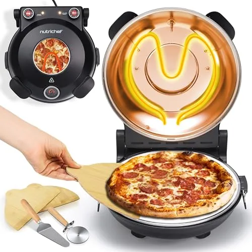 NutriChef Pizzaofen Elektrisch mit 30cm Stein, Pizza Maker bis 426°C, 1200W mit Sichtfenster, Ober-/Unterhitze & Temperaturkontrolle, Herausnehmbare Platte Inkl. Utensilien, Black