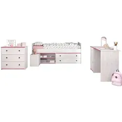 58aufmkessel Kinderzimmer-Set in Weiß und Pink, 100x1x200 cm - Vielseitiges Kinderzimmer-Set mit Stauraumbett, Nachtkommode, Schubkastenkommode und Schreibtisch. Ideal für kreative Räume, bietet es praktischen Stauraum und ansprechendes Design für jeden kleinen Entdecker.