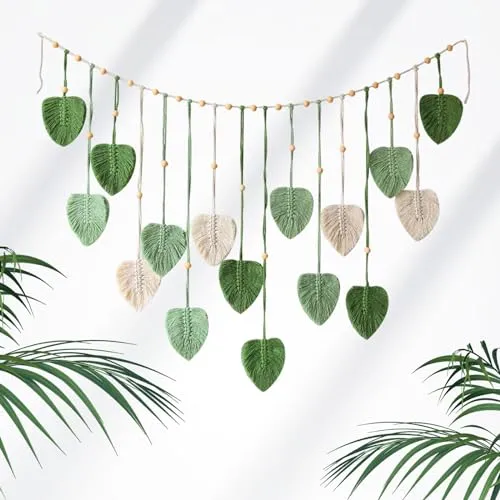 Qivine Tapisserie Makramee Wandbehang Boho, Handgemacht Gewebte Wandteppich Natur, Blätter Wanddeko Wohnzimmer Modern für Schlafzimmer, Kinderzimmer, Büro (Grün)