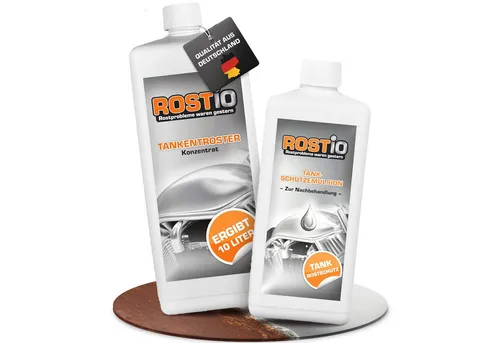 Rostio Tankentroster Set - 1 Liter Konzentrat + 500ml Tank Schutzemulsion - Rostentferner für Motorradtanks, Oldtimertanks und Autotanks. Effektive Rostentfernung und Schutz für langlebige Tanks.