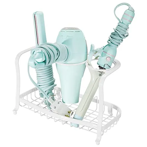 mDesign Fönhalter ohne Bohren – freistehendes Regal zur Fön Aufbewahrung im Bad – optimaler Badorganizer mit 3 Fächern für Lockenstab, Glätteisen und Bürste – mattweiß