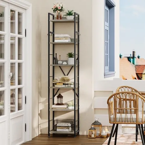YITAHOME Bücherregal mit 6 Ebenen, bodenstehendes Standregal mit 4 Haken, Holzregal und Metallrahmen, Bücherregale, industrielles Hochregal zur Aufbewahrung für Wohnzimmer, Heimbüro, Graues