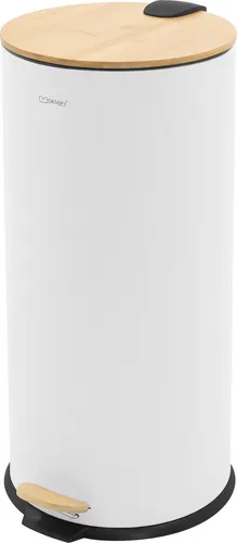 ML-Design Mülleimer 30L rund mit Fußpedal Weiß Stahl Treteimer mit leise schließendem Bambusdeckel Softclose Inneneimer Küchenmülleimer Tretmülleime
