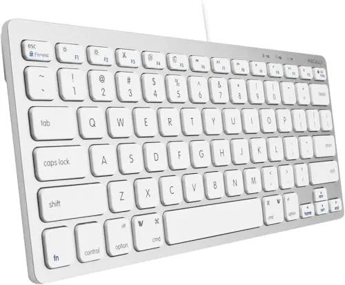 Macally SLIMKEYCA - Kompakte USB-A-Tastatur für Mac - Kompakte USB-Tastatur mit 78 Tasten im US QWERTY Layout, ultraflach für mehr Platz, 13 praktische Tastenkombinationen für erhöhte Produktivität und keine Batterien erforderlich.