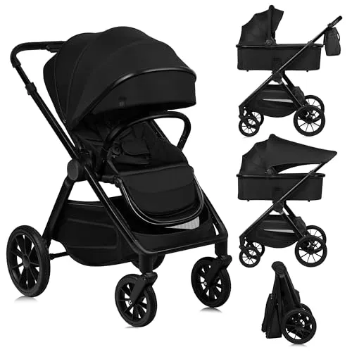 LIONELO LAYLA 2 in 1 Kombikinderwagen Kinderwagen 0-48 Monate bis 22 kg, Babywanne bis 9 kg, Rückenlehne und Fußstütze Verstellbar, AiryDots, 360° Schwenkbare PU-Räder, Vollständige Federung