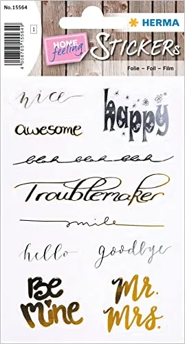 HERMA 15564 Creativ Sticker, Happy (10 Aufkleber, Folie, glänzend) selbstklebend, permanent haftende Motiv Etiketten für Mädchen und Jungen, gold / silber