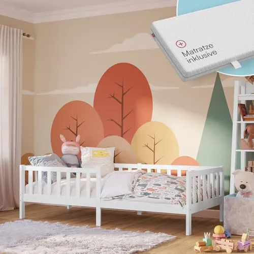 Bellabino Vere Kinderbett 90x200 cm – Montessori Bett mit Matratze & Rausfallschutz - ⭐ KINDERBETT FÜR JEDES ALTER – Ideal für den Übergang vom Gitterbett, bietet dieses Bett Sicherheit und Komfort für Jungen und Mädchen. ⭐ ROBUSTE VERARBEITUNG – Aus massivem Kiefernholz, inklusive stabilem Lattenrost und hochwertiger Matratze für einen erholsamen Schlaf.