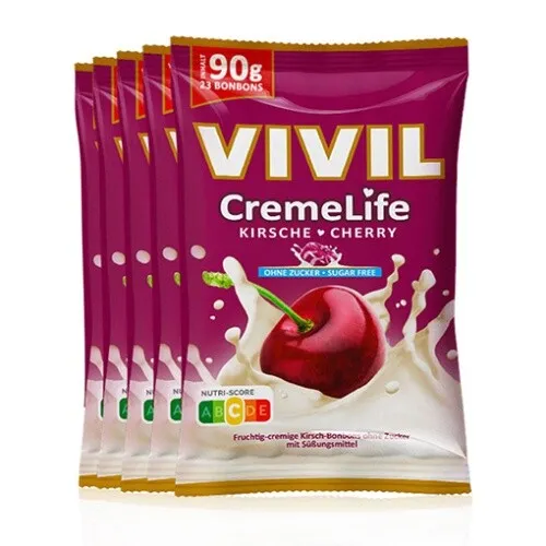 VIVIL Creme Life Kirsche Sahnebonbons ohne Zucker | 5 Beutel x 90g