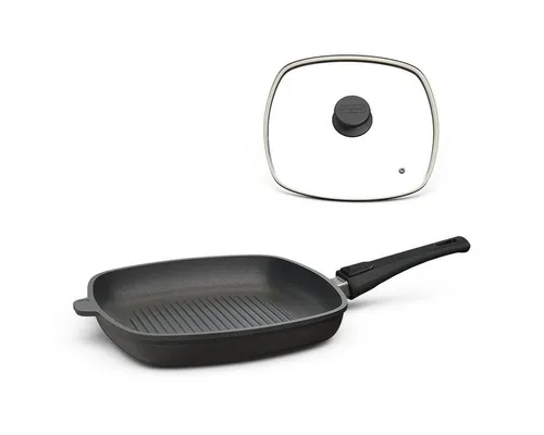 Hoffmann Grillpfanne Induktionsherd 28 x 28 cm - Made in Germany - Hochwertige Pfanne für fettfreies Kochen mit exzellenten Antihafteigenschaften. Ideal für alle Herdarten, backofengeeignet bis 250 °C und mit 100% verzugsfreiem Boden.