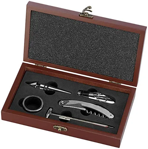 Rosenstein & Söhne Weinset: 6-teiliges elegantes Wein-Sommelier-Set in edler Holzschatulle (Sommelierset, Weinflaschenöffner, Holz)