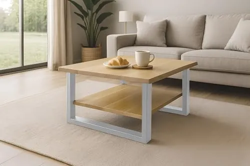 SAM Couchtisch 90x90 cm Patrick, Sofatisch mit Ablage, Wildeiche/Eichenholz massiv, Beistelltisch mit silbernem U-Metallgestell, echte Baumkante