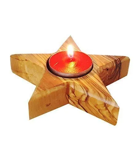 CleanPrince 1 Stück Holz - Teelichthalter 10,5 cm Olivenholz Stern 5 Spitzen 25 mm Höhe Kerzenständer Kerzenhalter braun