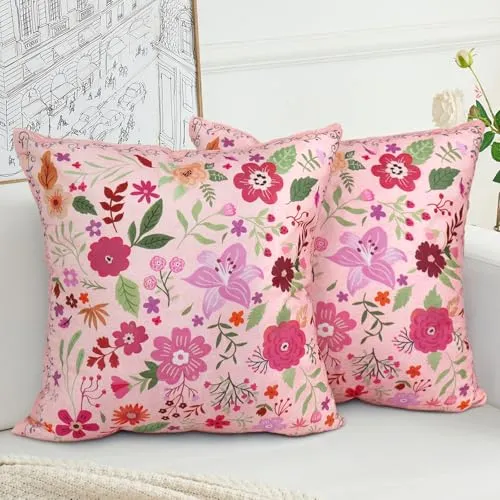 HZYKDWD Set mit 2 Kissenbezügen, 40 x 40 cm, Boho, floral, Vintage, dekorative Kissenbezüge, 40 x 40 cm, doppelseitig, bedruckt, für Haus, Sofa, Wohnzimmer, Schlafzimmer, Rosa