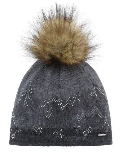 Eisbär Wintermütze Draw Lux Crystal schwarz/anthrazitgrau - Eisbär Damen-Strickmütze mit edlem Print und Kristallelementen, Kunstfell-Pompon und wärmendem Innenfleece - perfekt für kalte Tage!