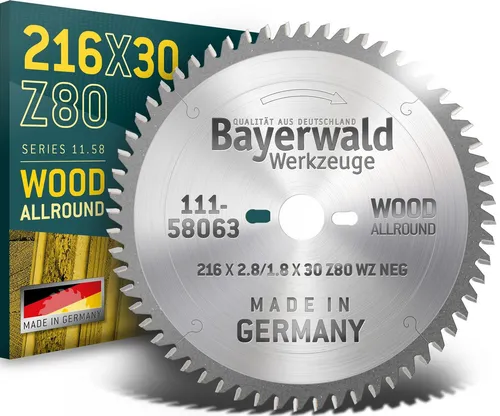 Bayerwald HM Kreissägeblatt 216mm - Z80 WZ neg. für Kappsägen - Sägeblätter für Kappsägen, negative Zahnform für mehr Sicherheit und Kontrolle beim Schneiden von Weich- und Hartholz. 100% Made in Germany.