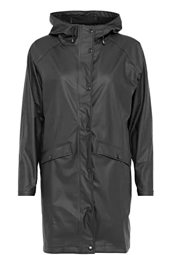 ICHI IHTAZI JA Damen Windbreaker Übergangsjacke Regenjacke Regenmantel mit Druckknöpfen und Kapuze, Größe:XL, Farbe:Black (10001)