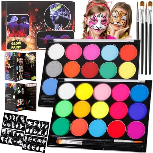 MOYKSRR Kinderschminke Set, Face Paint Body Paint für Kinder und Erwachsene, Karnevalsschminke Mädchen mit 30 Farben 2 Schminkpalette,4 Pinsel,40 Tattoo-Vorlagen