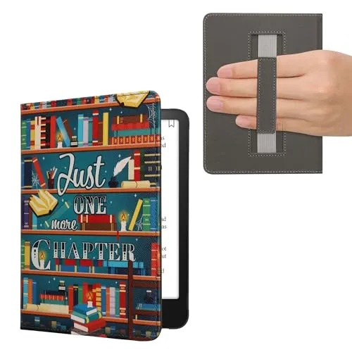 kwmobile Schutzhülle für Amazon Kindle Paperwhite (2024)/Colorsoft Hülle - eReader Flip Case mit Handschlaufe und Auto Sleep Funktion - Bibliothek Motto mit Mehrfarbig