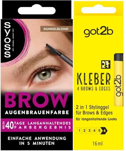 Syoss Augenbrauen Kit Augenbrauenfarbe 6-1 Dunkelblond Stufe 3 (17 ml) für einen natürlichen Look & got2b Kleber 4 Brows & Edges (16 ml), 2in1 Brow Gel & Haar Mascara, Stylinggel