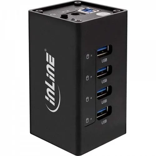 InLine 35395A USB 3.0 Hub - 4 Port Aluminiumgehäuse - USB-Hub mit 4 x USB 3.0 A Buchsen, Hot-Swap fähig und ideal für schnellen Datenzugriff, inklusive leistungsstarkem 2,5A Netzteil.