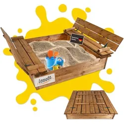 Lemodo Sandkasten Holz 115x114cm mit Abdeckung und Sitzbänken - Robuster Sandkasten aus imprägniertem Holz mit klappbarer Abdeckung, die sich in zwei praktische Sitzbänke verwandelt – ideal für kreative Spielstunden im Garten.