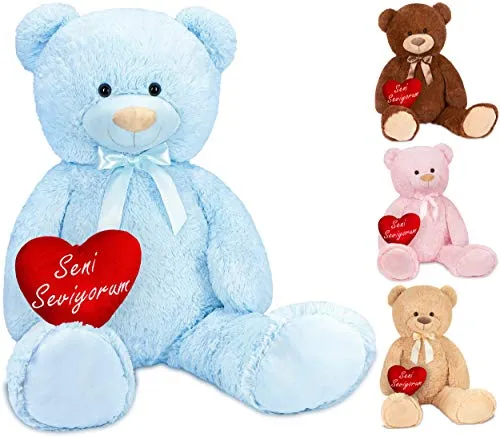 BRUBAKER XXL Teddybär Seni Seviyorum - 100 cm Kuscheltier in Hellblau mit Herz - Kuscheliger 100 cm XXL Teddybär mit besticktem Herz-Kissen (32 cm) – perfekt, um Ihre Gefühle auszudrücken. Ideal als Geschenk für besondere Anlässe!