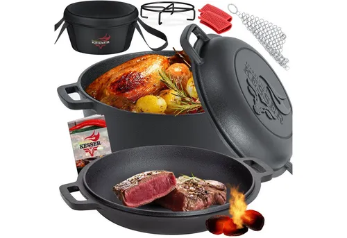 KESSER® Dutch Oven 2in1 Gusseisen Topf 4,8L - Grilltöpfe für drinnen und draußen, ideal für vielseitige Kochmöglichkeiten und sofort einsatzbereit dank chemiefreiem Einbrennen. Perfekt für BBQ, Camping und Gartenpartys!