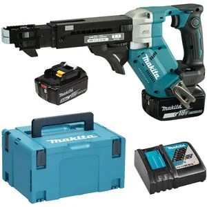 Makita Magazinschrauber DFR551RTJ, 18V Akku mit 2 Akkus und Koffer - Akkuschrauber mit Push-Drive-Technologie für schnelles Schrauben, ideal für 25-55 mm Schrauben. Inklusive 2 Akkus, Ladegerät und robustem Transportkoffer.