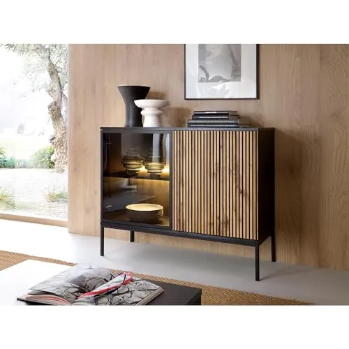 Lomadox Kommode SIBARI-160 in Schwarz mit Wotan Eiche - Moderne Kommode SIBARI-160 für dein Wohnzimmer. Griffloses Design mit LED-Beleuchtung und praktischer push-to-open Funktion. Hochwertige Materialien und Softclose-Türen sorgen für Stil und Komfort.