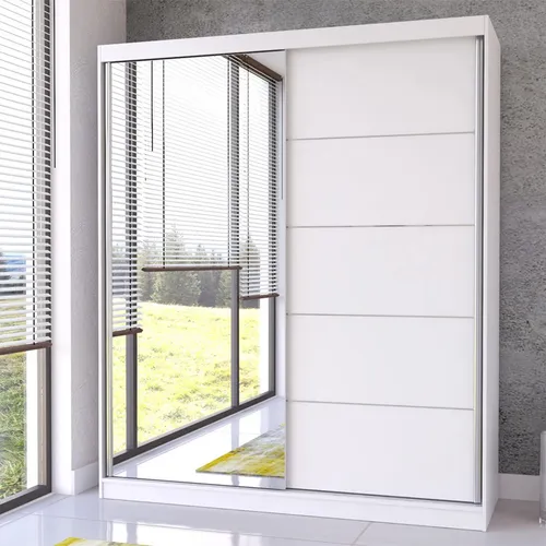 Schwebetürenschrank Bella 03 mit Spiegel, 183 cm in Weiß - Schwebetürenschrank mit Spiegelfront, ideal für moderne Schlafzimmer. Bietet großzügigen Stauraum mit 5 Einlegeböden und Kleiderstange, sorgt für optische Weite durch großen Spiegel.