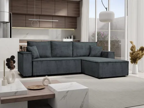 MargaretHadas24 Ecksofa Camel L-Form mit Schlaffunktion Bettkasten Couch Cord Schlafsofa Eckcouch universelle Ottomane 294 cm, Poso 60 - dunkelgrau