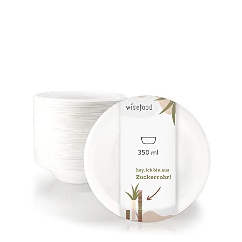wisefood Zuckerrohr Schale - 50 Stück Bagasse Einweg Suppenschüssel rund weiß 350ml - Einmal Pappschale ideal für Pommes oder Salat - Biologisch abbaubares Zuckerrohr Geschirr ohne PLA/PE